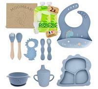 MOOMBABI, Coffret repas bebe, Lot de 11 pièces, bol, bavoir, couverts bébé silicone 1er age, Vaisselle bebe, 2 Pochettes Réutilisables pour aliments, jouet de dentition