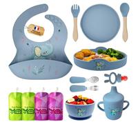 MOOMBABI Set Repas Bébé 13 pièces - Assiette Ventouse, Bol, Couverts Silicone & Inox, Bavoir, 4 Pochettes Alimentaires Réutilisables - Vaisselle Bébé Sevrage