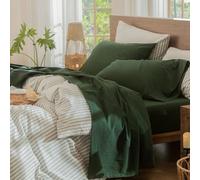 MooMee Parure de lit 100% Coton lavé, Aspect Lin texturé, perméable à l’air, Durable, Douce et Confortable - Vert forêt, Queen-Size