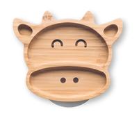 Moon and Moo Assiette à ventouse en bambou pour enfants, tout-petits et bébés - Non toxique - Sans plastique - Reste en place - Assiette à ventouse pour bébé - Ensemble de sevrage