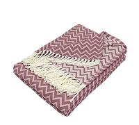 Moon Couverture de Luxe en Coton - Environ 150 x 200 cm - Motif Zig-zag - Couvre-lit avec Franges - Léger et Confortable - Blanc/Vieux Rose