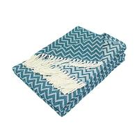 Moon Couverture de Luxe en Coton - Environ 150 x 200 cm - Motif Zig-zag - Couvre-lit avec Franges - Léger et Confortable - Blanc/Bleu pétrole