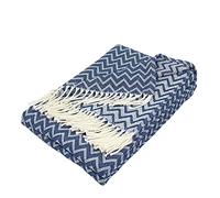 Moon Couverture de Luxe en Coton - Environ 150 x 200 cm - Motif Zig-zag - Couvre-lit avec Franges - Léger et Confortable - Blanc/Bleu