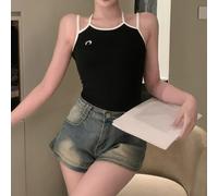 Moon Embroidered Strap Vest Women for Slim Fit Summer for Top | Motif brodé de lune, pour une silhouette ajustée, style de couleur pure, mode d'été pour le haut, essentiel à porter au