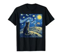 Moon Landing Raise Drapeau américain Style Van Gogh Chat Nuit étoilée T-Shirt Graphique avec Valeur