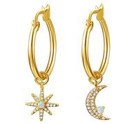 Moon & Star Charms Boucles d'oreilles créoles pour femme Plaqué or 14 carats avec zircone et opale