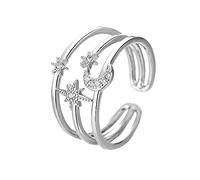 Moon Star Sun Statement Silver plaqué Anneau pour femmes Engagement en couches en couches ouvertes Rings Ajustement Extensible Comfort Fit Wedding Promise Birthday Bijoux (Triple Lines)
