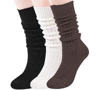 Moon Wood 3 Paires de Chaussette Haute Femme en Laine Tailles 35-42 Confort et Chaleur Slouch Socks Noir/Blanc/Marron