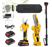 Moongiantgo Kit 3-en-1 Ébrancheur sur Perche Sans Fil & Sécateur Digital, Ouverture de 6,5 cm & Tronçonneuse 15cm avec Perche Télescopique 2m, 2x 2000mAh, Tête 90° Réglable, Sac de Rangement (jaune)