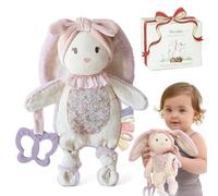 Moonkie Doudou Bebe, Peluche Lapin, avec Jouet Dentition Bébé en Silicone, Cadeau de Naissance Fille pour Baby Shower et Anniversaire, Couverture Bebe avec Rubans Texturés, Oreilles Froissées