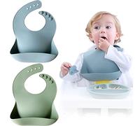 Moonkie Lot de 2 bavoirs en silicone pour bébé sans BPA, imperméable et durable, réglables en silicone pour bébé et tout-petits (Ether/Sage)