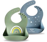 Moonkie Lot de 2 bavoirs en silicone pour bébé sans BPA, imperméable et durable, réglables en silicone pour bébé et tout-petits (Sage/Tradewinds)