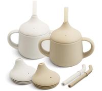 Moonkie Tasse Apprentissage Bebe, Set de 2 Gobelet Silicone 3 Etapes, Tasse Paille Bebe, avec Poignées et Paille, Gobelet Bebe Anti Fuite, sans BPA, 120 ml(Ivoire/Café clair)