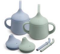 Moonkie Tasse Apprentissage Bebe, Set de 2 Gobelet Silicone 3 Etapes, Tasse Paille Bebe, avec Poignées et Paille, Gobelet Bebe Anti Fuite, sans BPA, 4 oz(Bleu clair/Vert gris)