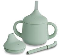 Moonkie Verre Bébé Apprentissage Anti Fuite 120ml, Tasse d’Apprentissage Bébé 3-en-1 en Silicone (Paille, Bec, Tasse Ouverte), Gourde avec Poignées, Compatible Lave-Vaisselle(Vert Gris)