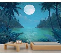 Moonlight Forest Mural Tropical Moonlit Bay Wall Mural Green Palm Tree Papier Peint Nature Botanique Paysage Naturel Sticker Mural pour Chambre à Coucher Ne Décolle pas et Ne colle pas 450 x 305 cm