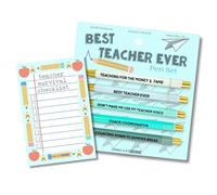 Moonlight Makers Ensemble de stylos amusants et bloc-notes - 5 stylos à bille gravés « Best Teacher Ever », encre noire, liste de contrôle de survie des enseignants, bloc-notes, fournitures de bureau