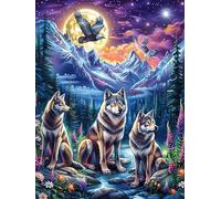 Moonlight Snow Mountain Loup Pack 300 Pièces Puzzle Adulte en Carton Haute Qualité Épais Animaux Sauvages avec Fleurs Difficile Moyenne Anti-Stress Décoration Murale Idée Cadeau Saint Valentin 300 PC