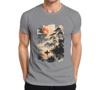 Moonlight T-shirt pour homme Motif bateau de pêcheur avec lune rouge, gris, M