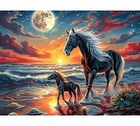 Moonlit Beach Dream Cheval Noir 500 Pieces Casse-tête Adulte en Carton Haute Densité Créatures cosmiques Magiques Difficile Motif Complexe Décoration Murale Anti-Stress Idée Cadeau Anniversaire 5