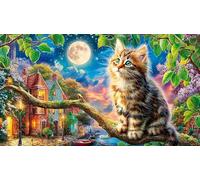 Moonlit-Cat-on-Branch Puzzle 1000 pièces Défi de Jeu éducatif Papier recyclé Jeu Stimulant pour Relaxation, créativité et Cadeaux 38x52/1000 pièces