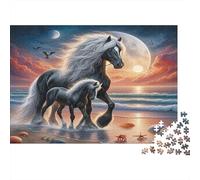 Moonlit Horse Beach Puzzle for Adults & Kids: Two Horses at Sunset 1000Pc Educational Games for Wall Decor 38x26cm/1000pcs