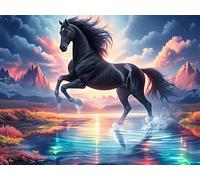 Moonlit Lake Dream Cheval Noir 1000 Pièces Puzzle Adolescent en Carton Rigide Colorful Fantasy Faune Sauvage Difficulté Moyenne Activité Éducative Voyage Déplacement Cadeau Anniversaire Petit Pri