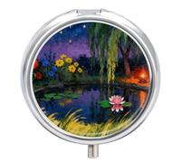 Moonlit Pond Boîte à pilules ronde mignonne petite boîte à pilules portable 3 compartiments avec miroir pour vitamines médicaments, suppléments médicamenteux
