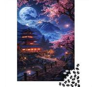 Moonlit Temple Puzzle Sakura Night 1000 Pièces Papier Recyclé pour Adultes Et À Partir De 12 Ans Puzzle Jeu Éducatif pour Se Détendre 70x50cm/1000pcs