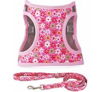 Moonpet Step in Harnais et Laisse pour Chien - Fleur Harnais réfléchissant en Maille rembourrée sans Traction pour Chats Chiots Extra-Petits Petits Moyens et Grands Chiens-Fleur Rose - S
