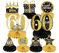 MoonSing Décoration de Centre Table Anniversaire, 60 Ans Centre de Table en Nid d'abeille, Décorations d'anniversaire Or et Noir Dessus Motif Gâteau Cadeau Fourniture de Fête pour Homme Femme (9 Pcs)