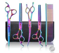 Moontay Ensemble de ciseaux de toilettage professionnels pour chien de 17,8 cm, 8 en 1 droits, incurvés, effilés, ciseaux à arête de poisson avec peigne, ajusteur de tension, chiffon de nettoyage et