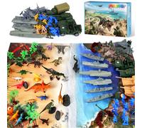 MOONTOY Ensemble de Jeu Militaire avec Soldats et Dinosaures, Tapis de Jeu, Chars, Avions et Accessoires de Combat, Jouets Militaires en Plastique pour Enfants, Cadeau pour Garçons et Filles
