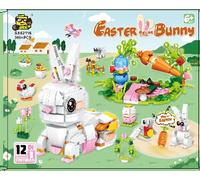 MOONTOY Kit de construction lapin de Pâques pour enfants - 12 en 1 - Briques de construction avec œufs pré-remplis - Comprend poussin, mouton, carotte, fleur, remplissage de panier de Pâques et