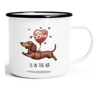 MoonWorks® Tasse en émail avec inscription en allemand « Love is in the Air » - Chien teckel - Ballon en émail - Blanc et noir - Standard