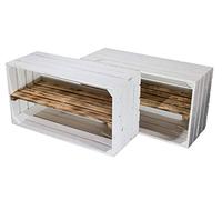 moooble Lot de 2 caisses à fruits, blanches, avec planche centrale flammée, 68 x 40 x 31 cm, étagères transversales en bois avec planche intermédiaire, caisse à vin, style vintage, pour meubles de