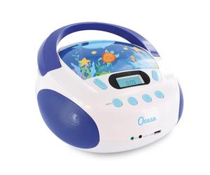 MOOOV 477170 Lecteur CD Enfant Ocean MP3 et Port USB - AUX-in - Prise Casque - Poste Portable avec Poignée de Transport - Alimentation Secteur ou Piles - Bleu et Blanc