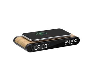 mooov 477349 Réveil Chargeur Induction Smartphone 15 W et Port USB-C avec Ecran LED Numérique - Affichage Température de la Pièce intégrée - Effet Bois