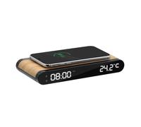 mooov 477349 Réveil Chargeur Induction Smartphone 15 W et Port USB-C avec Ecran LED Numérique - Affichage Température de la Pièce intégrée - Effet Bois