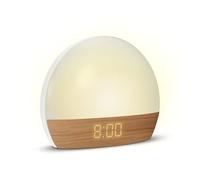 mooov 477356 Réveil simulateur d'aube Lumiere Progressive sur Secteur - Luminothérapie Eclairage Blanc ou Couleur - Charge Port USB-A - Effet Naturel Bois
