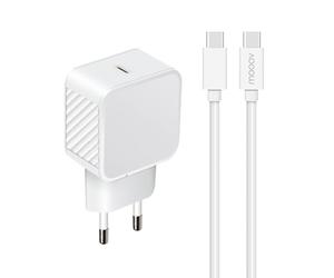Mooov 730320 - Chargeur rapide USB-C 20 W Power Delivery (PD), câble USB-C 1,2 m, adaptateur mural compact ultra sûr, charge ultra rapide et protection intelligente, plastique 100 % recyclé