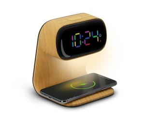 mooov Réveil Affichage Multicouleur Liseuse avec Chargeur Induction 15W - Alimenattion Secteur- Effet Bois
