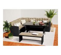 MOOREA - Salon de jardin modulable 8 places avec canapé d'angle en résine tressée gris foncé et écru