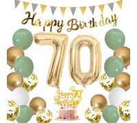 Moorle Décoration d'anniversaire pour femme 70 ans, vert sauge, ballons verts et blancs, dorés, ballons de fête avec bannière, décoration de gâteau pour 70e anniversaire