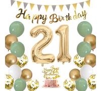 Moorle Décoration d'anniversaire pour fille de 21 ans, vert sauge, 21e anniversaire, femme, ballons verts, blancs et dorés, ballons de fête avec bannière, décoration de gâteau pour 21e anniversaire