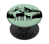 Moose and Calf Mountain Forest Night Line Art PopSockets PopGrip Adhésif