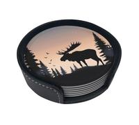Moose Mountain Lot de 6 sous-verres ronds en cuir avec support résistant à la chaleur pour la protection de table, tasse à thé, décoration d'intérieur