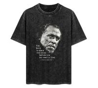 Mootaa Men's Women's Washed Vintage T Shirt Charles Bukowski Quote Unisex Antique Wash T-Shirts Black S
