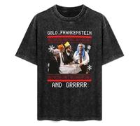 Mootaa Men's Women's Washed Vintage T Shirt Gold Frankenstein and grrr Ugly Xmas Christmas Unisex Antique Wash T-Shirts Black L