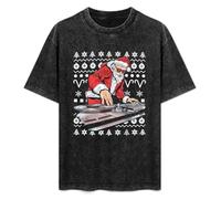 Mootaa Men's Women's Washed Vintage T Shirt Santa Claus Music DJ Christmas Ugly Xmas Unisex Antique Wash T-Shirts Black L